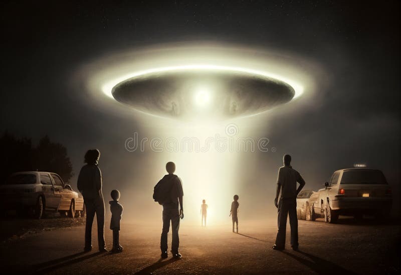 Close encounter of the third kind with a UFO flying saucer spaceship from outer space creating an alien abduction sighting royalty free illustration