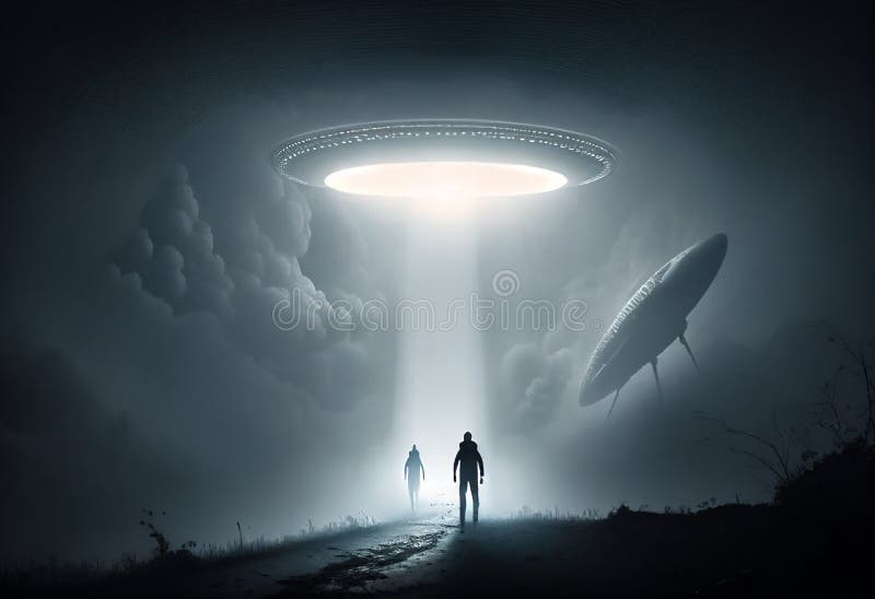 Close encounter of the third kind with a UFO flying saucer spaceship from outer space creating an alien abduction sighting royalty free illustration