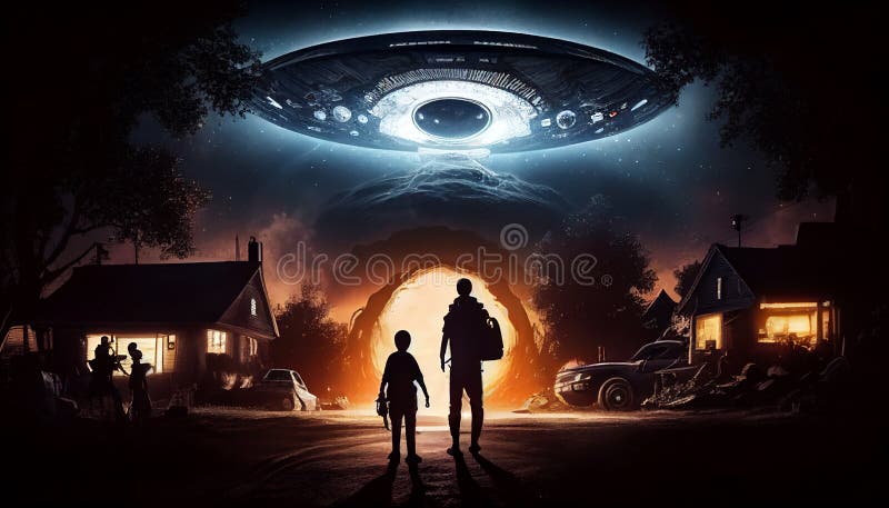 Close encounter of the third kind with a UFO flying saucer spaceship from outer space creating an alien abduction sighting stock illustration