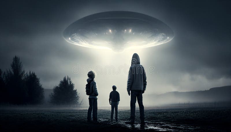 Close encounter of the third kind with a UFO flying saucer spaceship from outer space creating an alien abduction sighting royalty free illustration