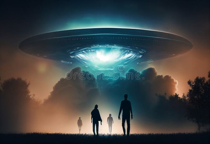 Close encounter of the third kind with a UFO flying saucer spaceship from outer space creating an alien abduction sighting stock illustration