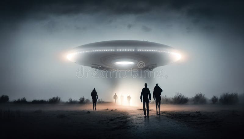 Close encounter of the third kind with a UFO flying saucer spaceship from outer space creating an alien abduction sighting royalty free illustration