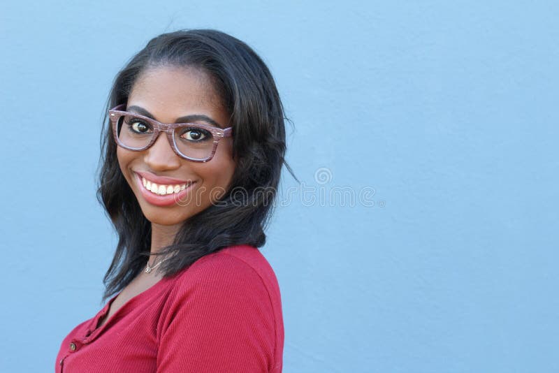Close face of African female with glasses with copy space on the right royalty free stock images Close face of African female with glasses with copy space on the right royalty free stock images