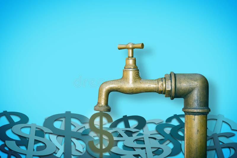 Close the faucet: don`t waste your money - concept image with brassa faucet from which dollars come out stock photography Close the faucet: don`t waste your money - concept image with brassa faucet from which dollars come out stock photography