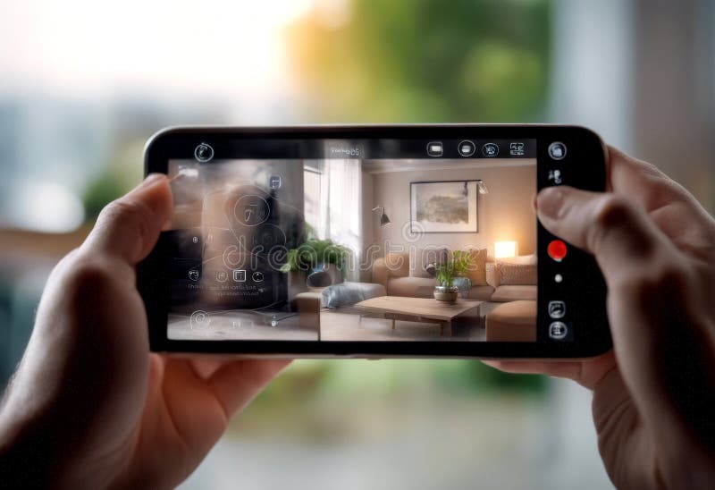 Close holding hand control home smartphone smart application device display communication social design cellular media network stock illustration