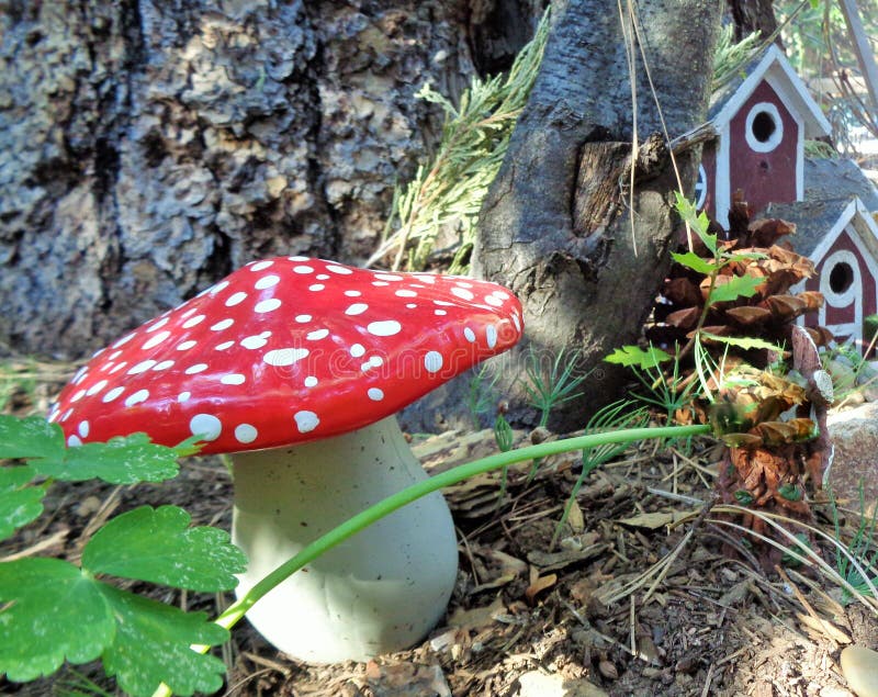 Fairy Or Gnome Fantasy Garden Mushroom And Little Red House Stock