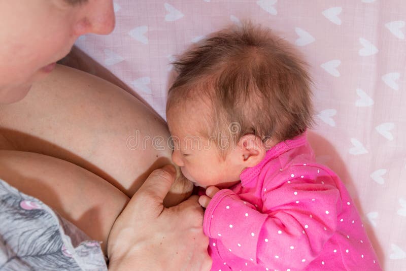 Close image of mother feed newborn baby infant girl face and breast crop. The baby girl is 15 days old stock image