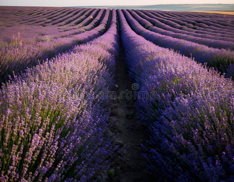 Close rows of blooming lavender illuminated by warm sunset light stock illustration