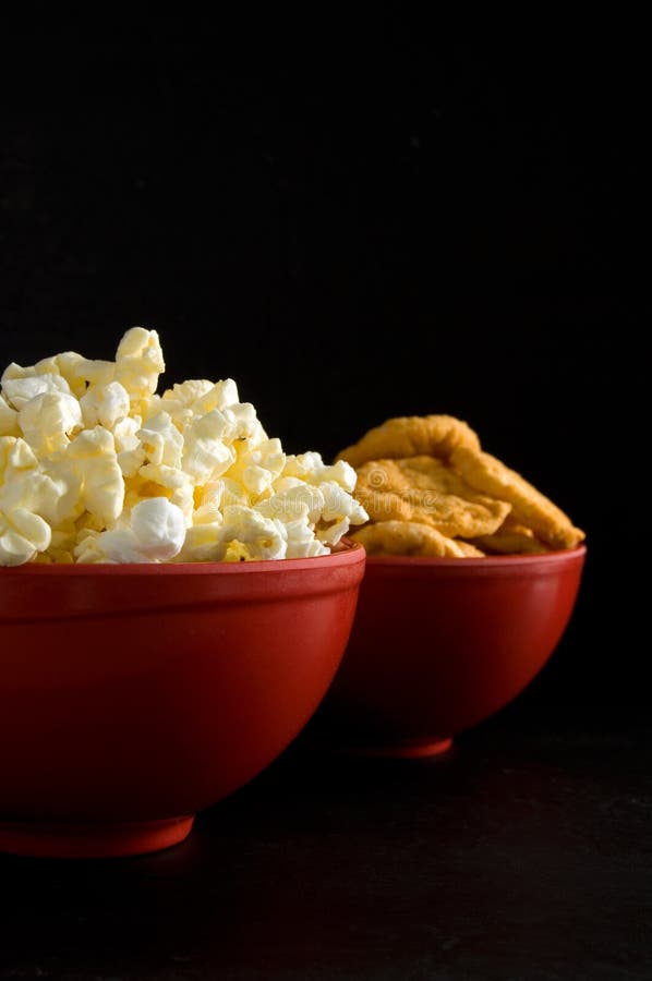 Close Front View of Buttered Popcorn in a Red Bowl Isolated on White
