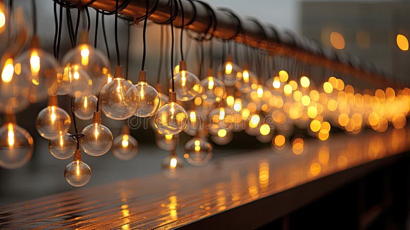 Close transparent lights illustration up string, balcony railing, warm inviting close transparent lights AI generated