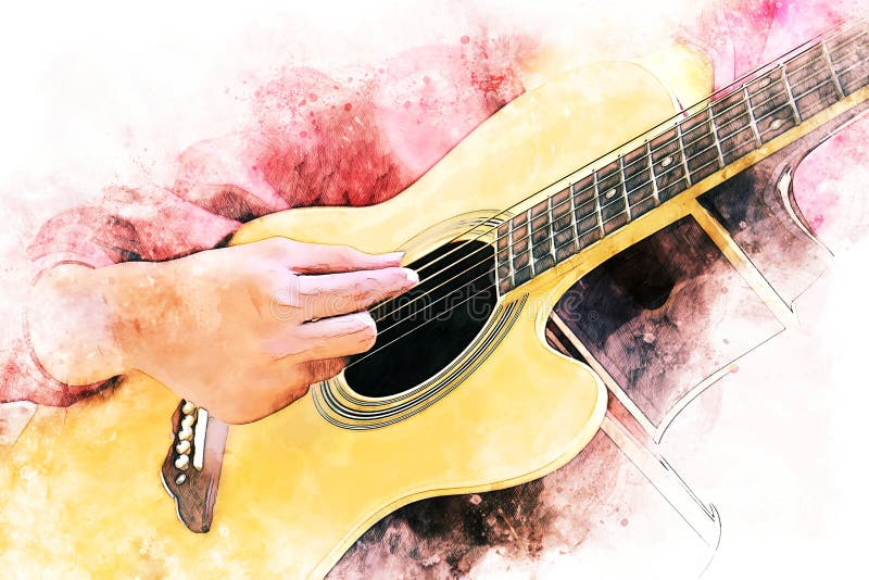 Woman Playing Acoustic Guitar on Walking Street on Watercolor ...