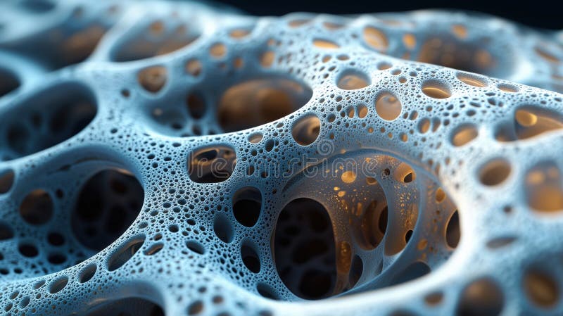 Close-up of an abstract blue sponge-like structure with intricate patterns and light reflections royalty free illustration