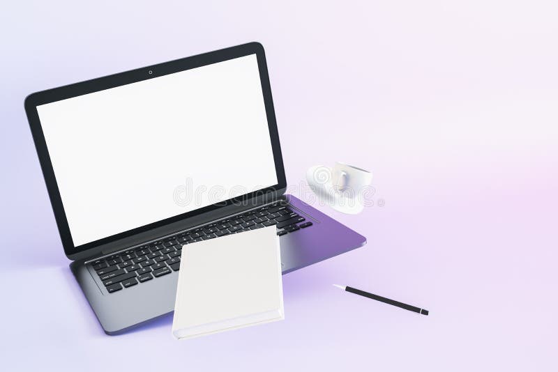 Close up of abstract desktop with empty white laptop computer screen, notepad, coffee cup and other supplies on white background. Mock up, 3D Rendering