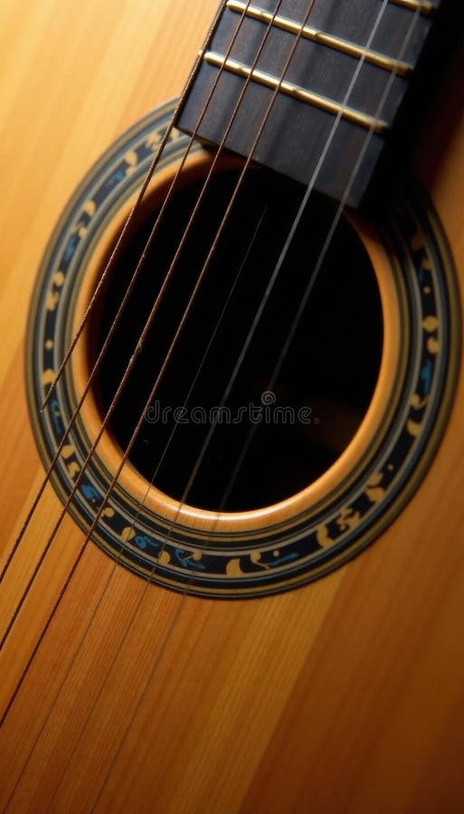 Close up of acoustic guitar soundhole, intricate wood grain, strings, vintage, wood grain stock illustration