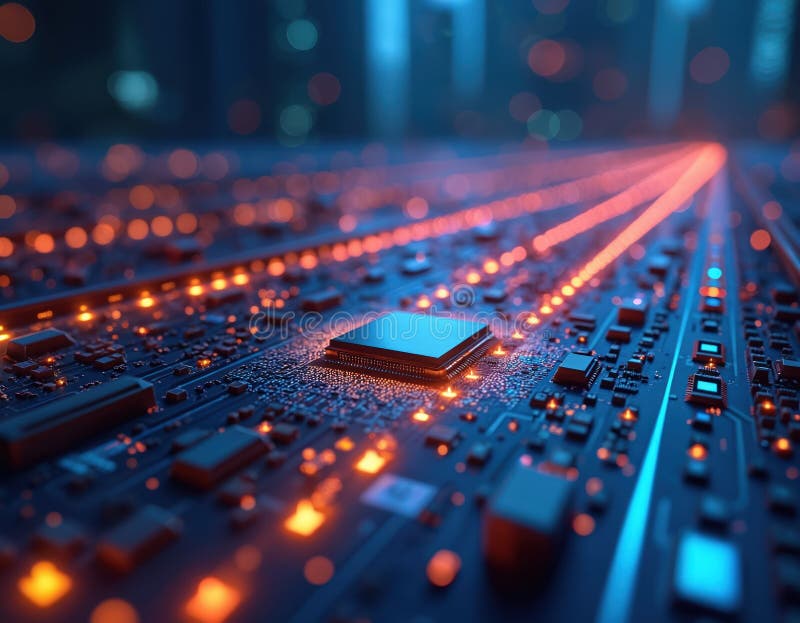 Close-up of advanced semiconductor chip on circuit board. Glowing orange blue lights suggest data flow in communication networks. Microelectronic components represent wireless. Rf switch illustrations