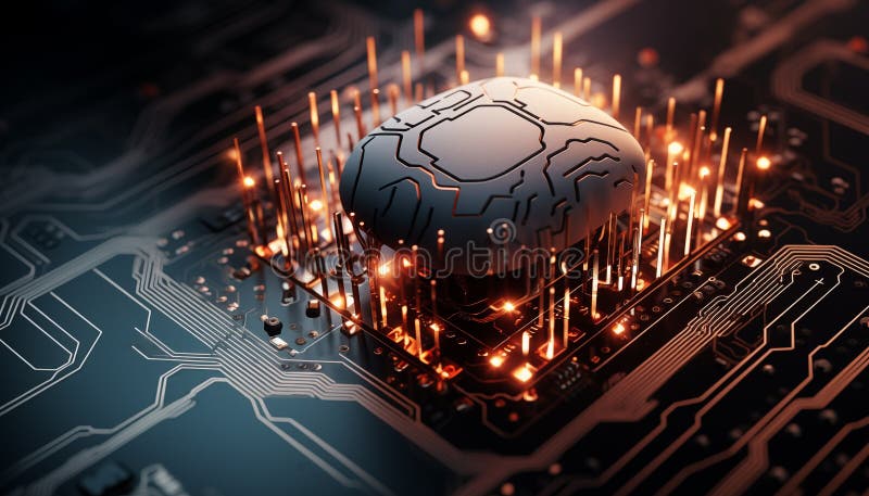 Close up of an AI Artificial Intelligence GPU chip on motherboard. Concept of LLM, Large Language Models vector illustration