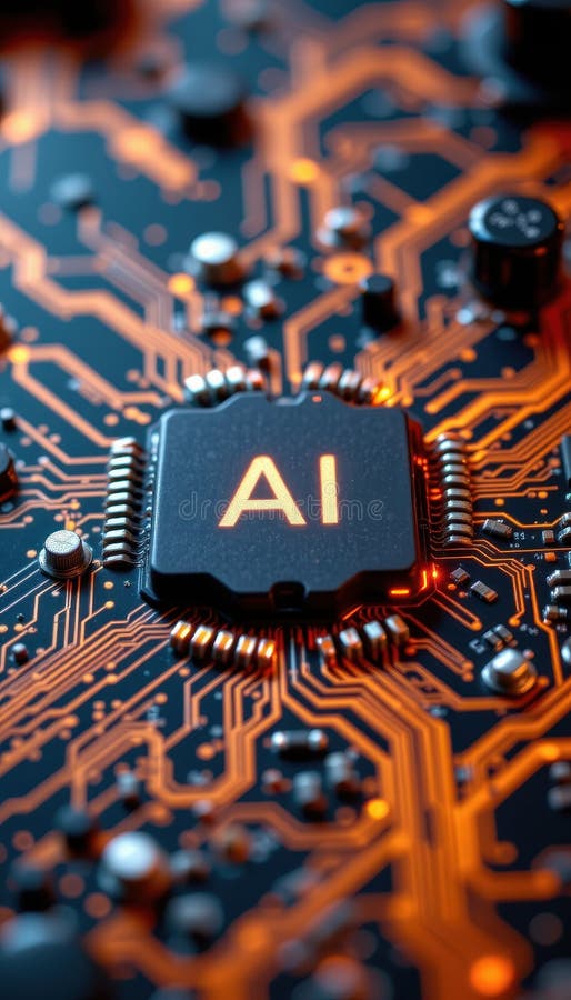 Close up of ai chip embedded in circuit board with pulsing digital light and electronic detail royalty free illustration