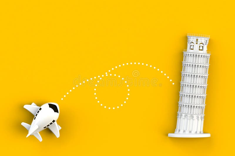 Close up of airplane flying go to leaning tower of pisa concept illustration on yellow background vector illustration