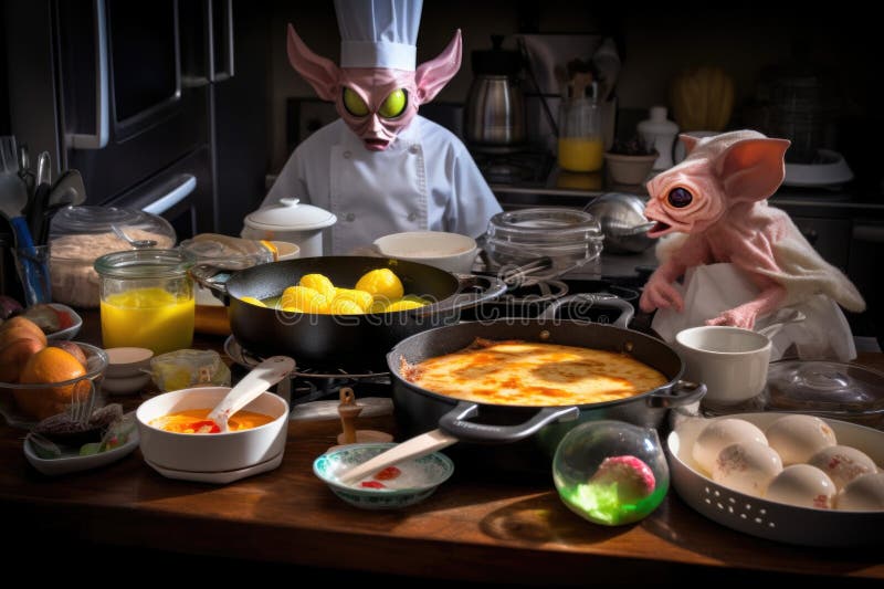Close-up of alien chef preparing breakfast feast, including pancakes, eggs, and bacon stock illustration