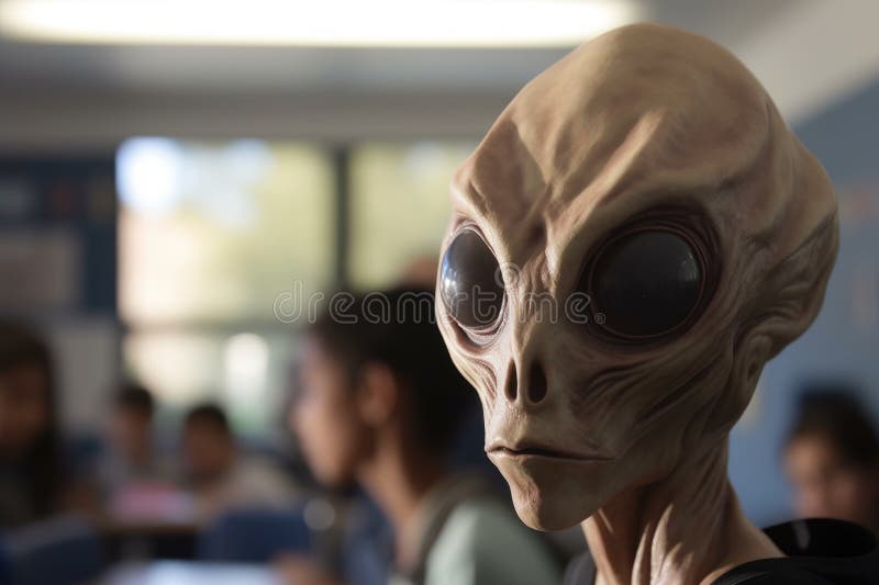 Close-up of alien student& x27;s face, with view of the classroom in the background stock illustration