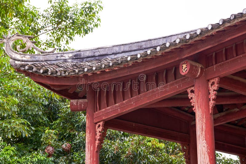 Close-up of ancient building pavilion in Chinese garden