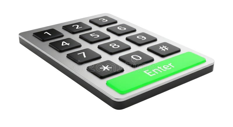 A close-up, angled view of a silver and black keypad with a bright green \'Enter\' button stock illustration