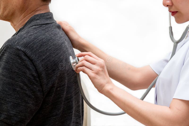 Close up of Asian Nurse listen to elderly patient`s breath sound