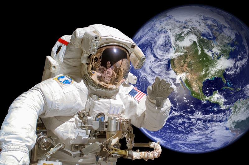 Close up of an astronaut in outer space, earth in the background royalty free stock photos Close up of an astronaut in outer space, earth in the background royalty free stock photos