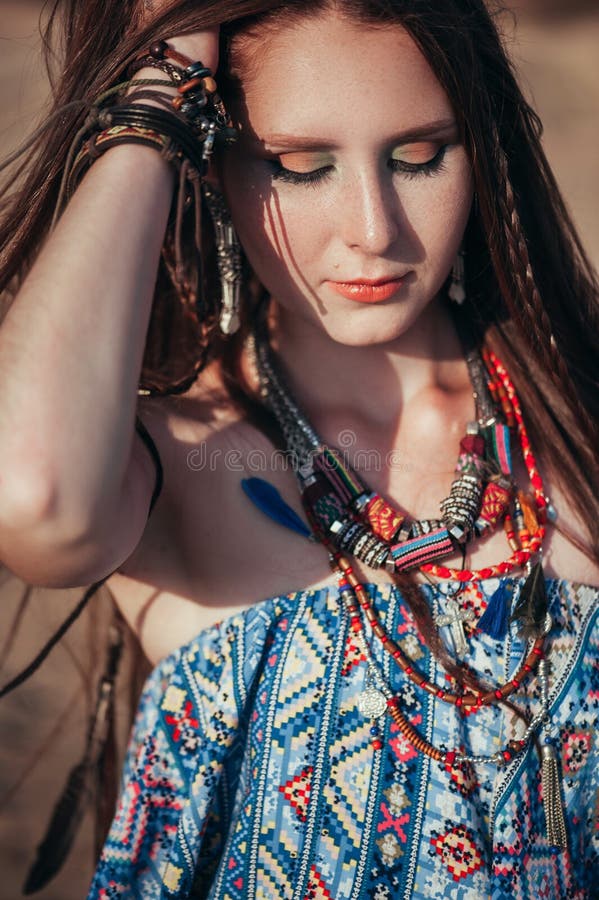 Close Up of Attractive Young Woman Wearing Boho Accessories Stock Image ...