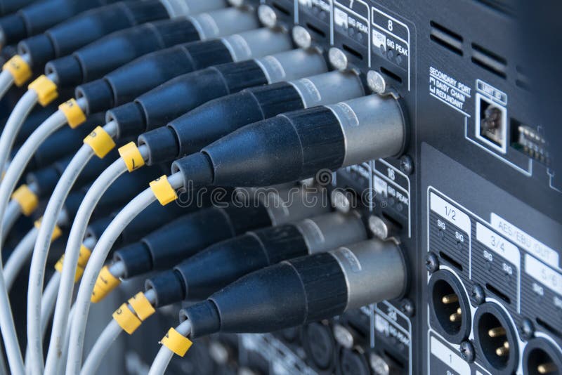 Close up Audio signal cable plug in port stock photos