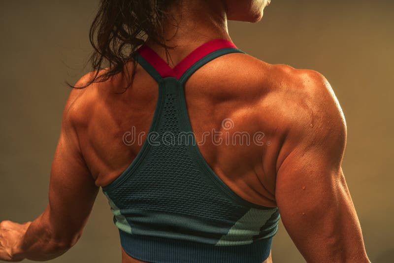Close up of back muscle of the asian athletic middle age 40 year old woman show the lean and healthy muscle body after the fitness
