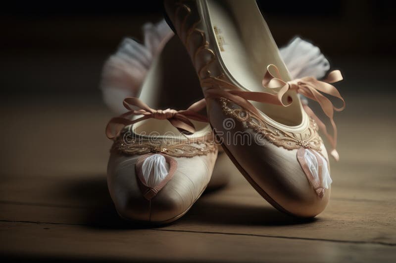 Closeup of Ballet Shoes on Stage. AI Generated Stock Illustration