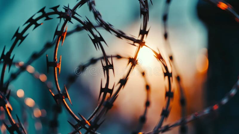Close-up of barbed wire against a sunset backdrop. The sharp points and intricate details of the wire are emphasized, creating a royalty free illustration