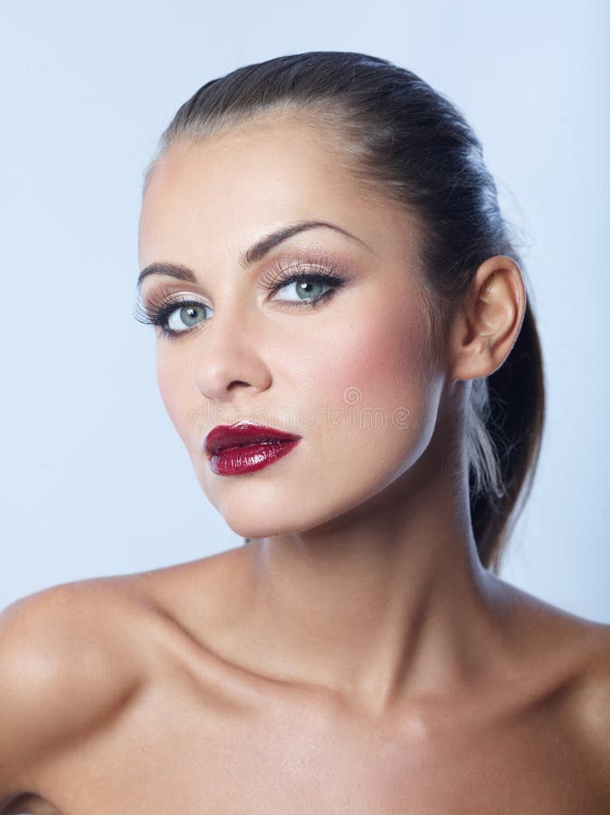 Close up Bare Seductive Woman in Dark Red Lipstick