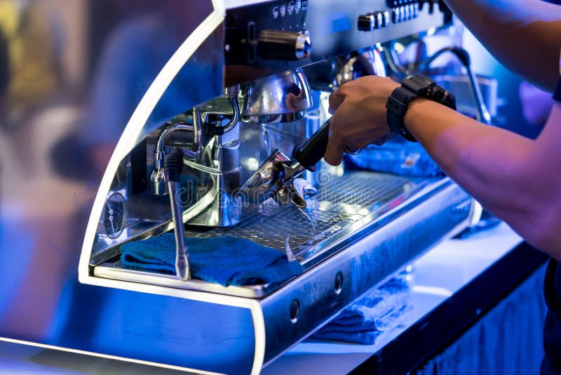 Close Up of Barista Cleaning Coffee Machine Stock Image Image of