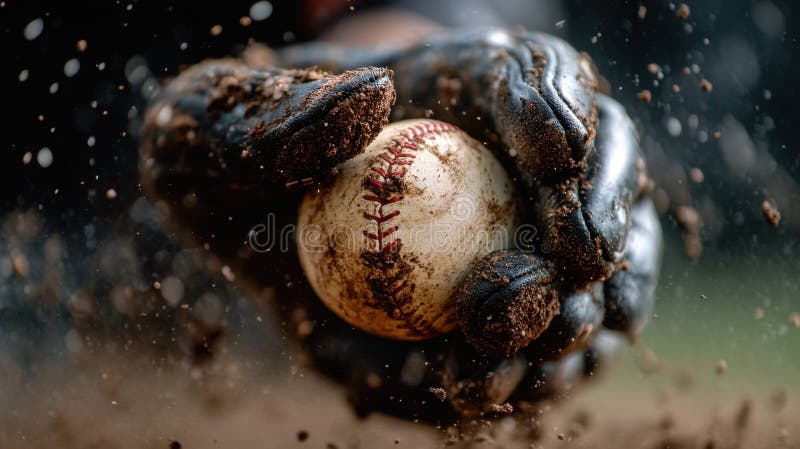 Close-up of baseball caught by gloved hand in action-packed moment royalty free illustration