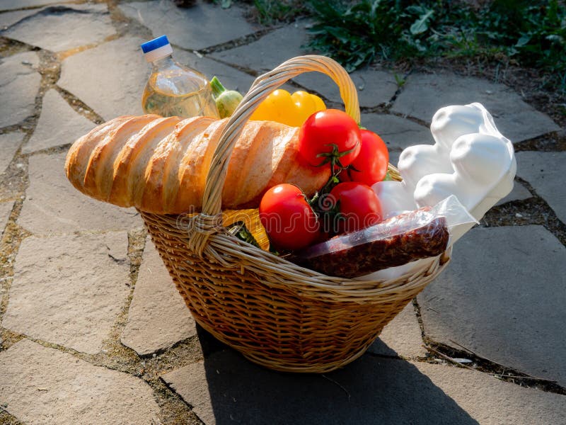 Closeup of a Basket of Food Essentials. Donations To the Poor. Stock Photo Image of cereals