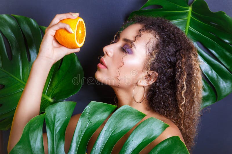 Close Up Of Beautiful Girl Posing In Tropical Forest Portrait Of Beautiful African American