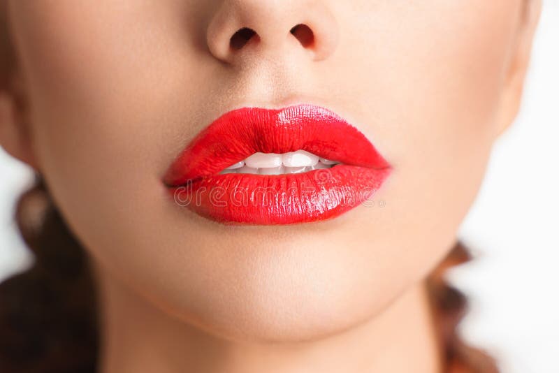 Close Up Beautiful Lips Plump Lips Which Red Lipstick Stock Image 