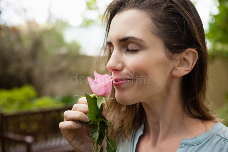 Close-up of beautiful woman with eyes closed smelling pink rose royalty free stock photo Close-up of beautiful woman with eyes closed smelling pink rose royalty free stock photo