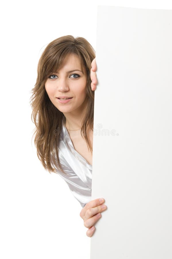 Close-up. Beautiful woman holding a billboard.