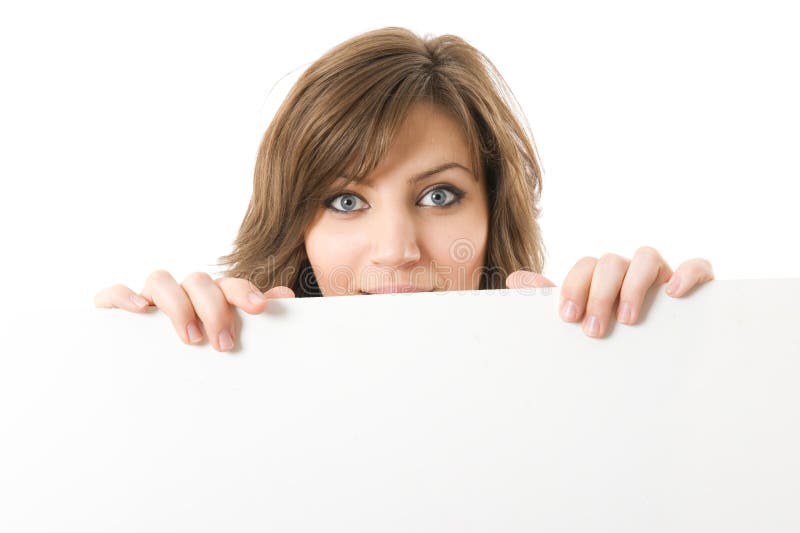 Close-up. Beautiful woman holding a billboard.