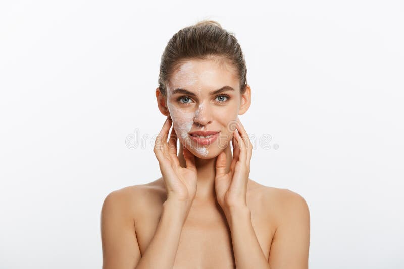 Close Up Beauty Portrait Of Beautiful Half Naked Woman Applying Face