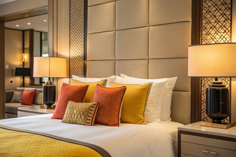 Close up of bed head within luxurious chic modern bedroom with brightly coloured scatter cushions and bedside table lamps royalty free stock photography