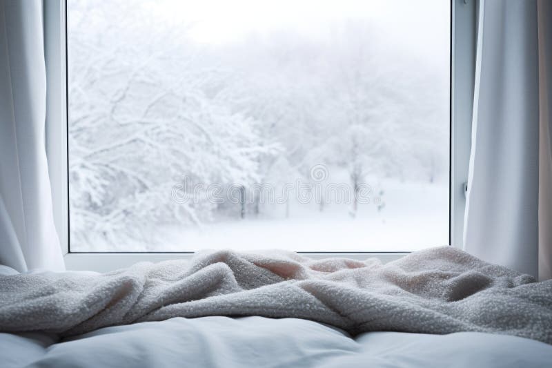 Close-up of a bedroom window with snowy layer, created with generative ai AI generated