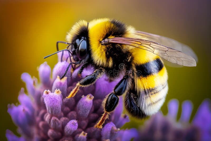 Close up of bee on purple flower with yellow and black stripe. Generative AI