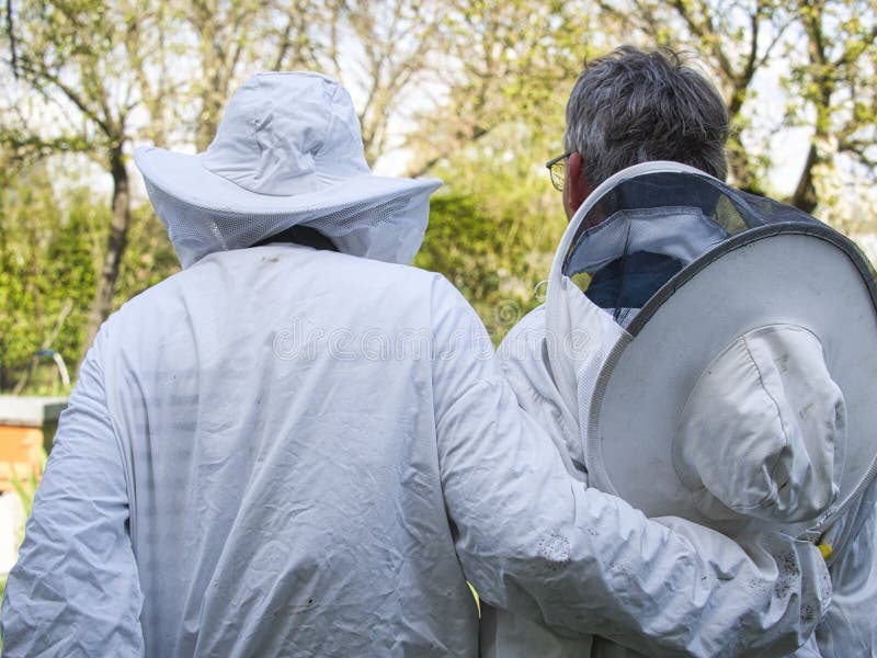 Close up of 2 beekeeper back side with white protective cloths stock photo