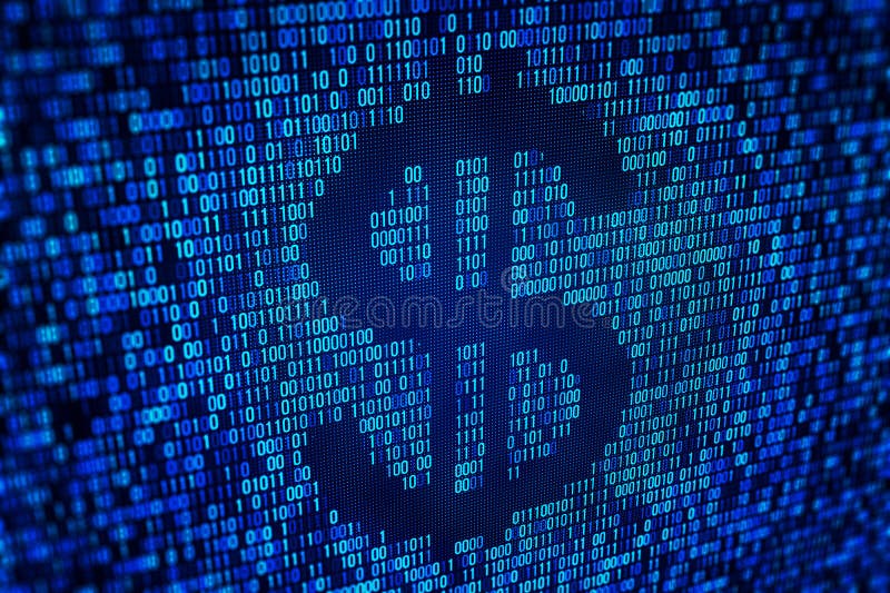 Close-up of binary code on a digital screen, depicting data and computer programming concepts on a blue background. 3D Rendering vector illustration