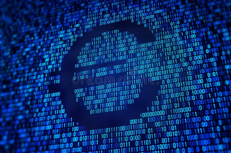 Close-up of binary code on a digital screen, highlighting the concept of data, cybersecurity, and technology in a dark, high-tech royalty free illustration