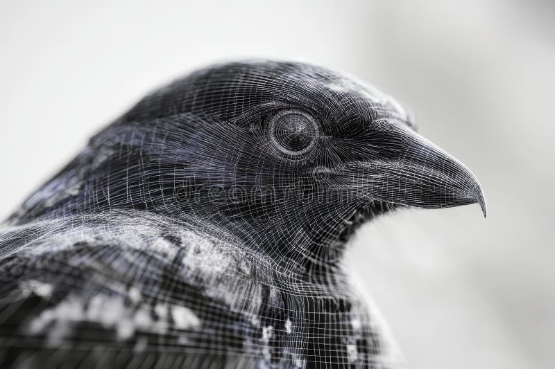 Close-Up of a Bird with Digital Wireframe stock illustration